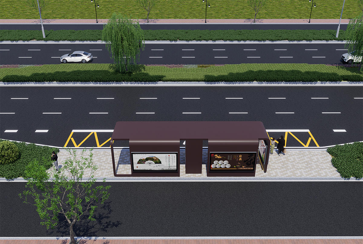 12米大型智能公交站臺(tái)（太陽能/LED屏/售貨機(jī)）后視圖