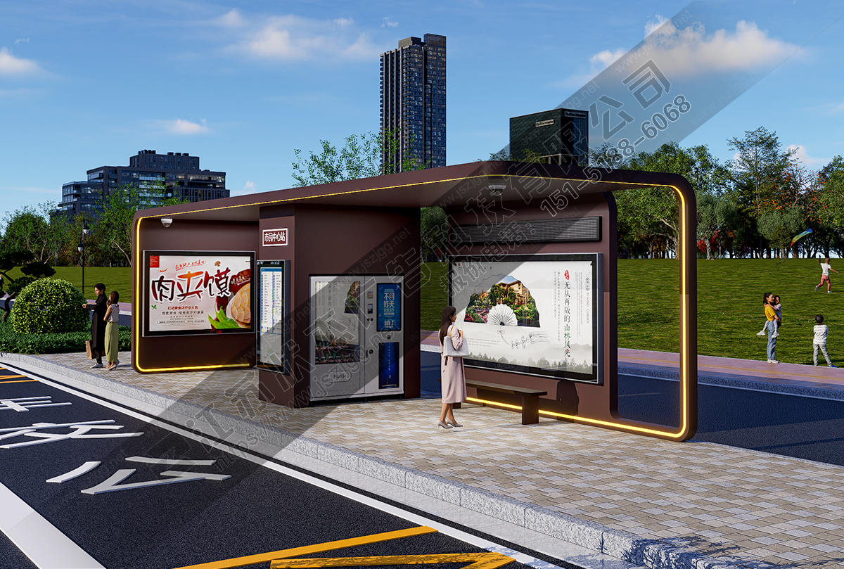 12米大型智能公交站臺(tái)（太陽能/LED屏/售貨機(jī)）側(cè)視圖