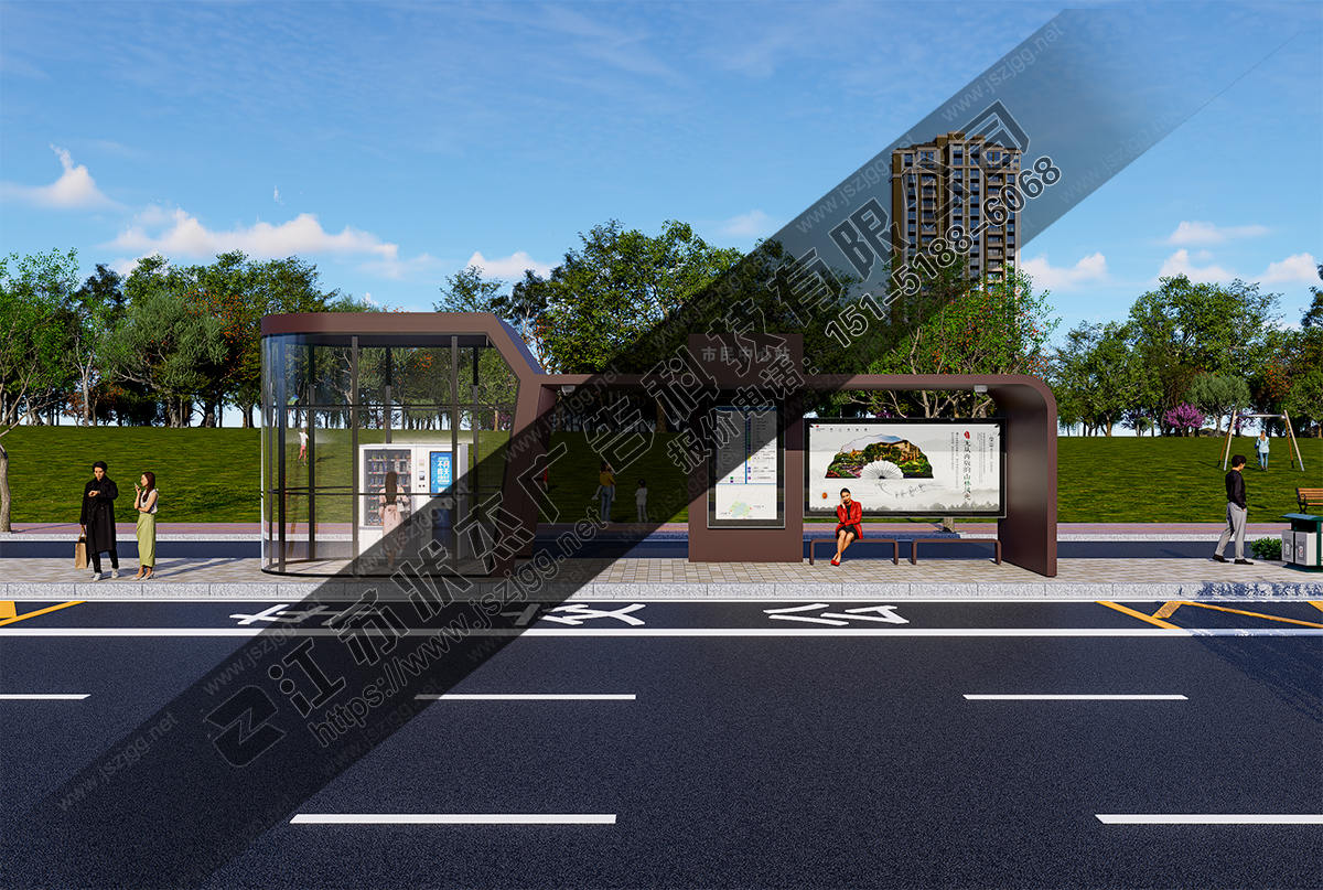 12米帶便民服務(wù)廳智能公交站臺（玻璃房/自動售貨/多功能）前視圖