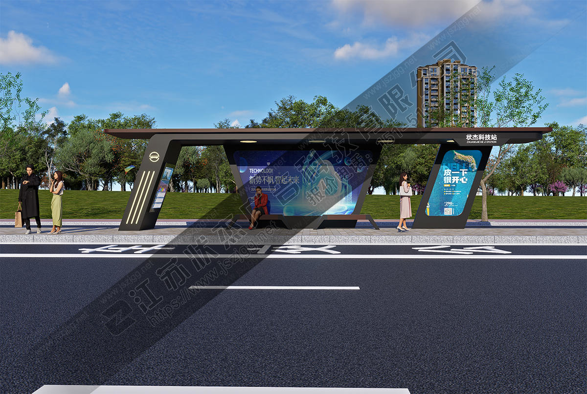 城市現(xiàn)代公交站臺(tái)正視圖